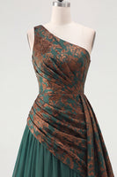 Load image into Gallery viewer, Dark Green Velvet One Shoulder A Line Ruched Long Evening Dress with Side Cape