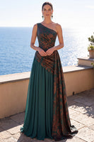 Load image into Gallery viewer, Dark Green Velvet One Shoulder A Line Ruched Long Evening Dress with Side Cape