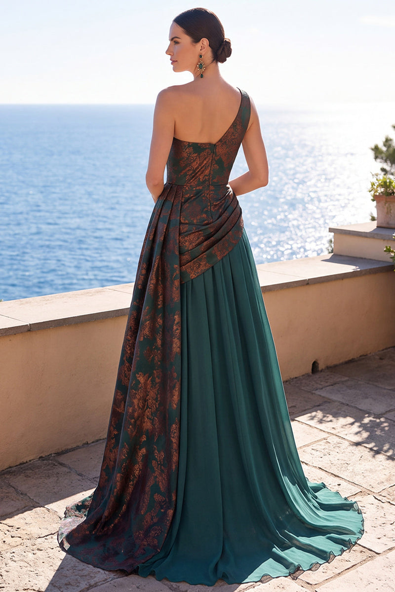 Load image into Gallery viewer, Dark Green Velvet One Shoulder A Line Ruched Long Evening Dress with Side Cape