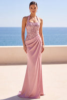 Load image into Gallery viewer, Floral Blush Sparkly Sequin Halter Mermaid Ruched Long Wedding Guest Dress