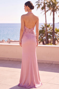 Floral Blush Sparkly Sequin Halter Mermaid Ruched Long Wedding Guest Dress