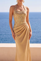 Load image into Gallery viewer, Floral Blush Sparkly Sequin Halter Mermaid Ruched Long Wedding Guest Dress
