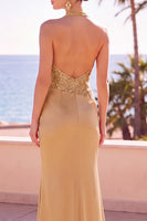 Load image into Gallery viewer, Floral Blush Sparkly Sequin Halter Mermaid Ruched Long Wedding Guest Dress