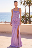 Load image into Gallery viewer, Floral Blush Sparkly Sequin Halter Mermaid Ruched Long Wedding Guest Dress