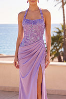 Load image into Gallery viewer, Floral Blush Sparkly Sequin Halter Mermaid Ruched Long Wedding Guest Dress