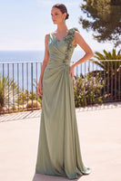 Load image into Gallery viewer, Sage Green V-Neck Sheath Ruched Long Wedding Guest Dress with 3D Flowers
