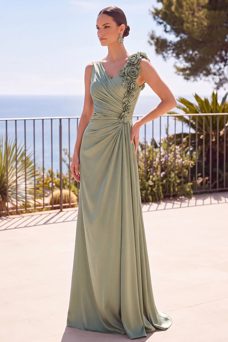 Load image into Gallery viewer, Sage Green V-Neck Sheath Ruched Long Wedding Guest Dress with 3D Flowers
