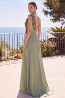 Load image into Gallery viewer, Sage Green V-Neck Sheath Ruched Long Wedding Guest Dress with 3D Flowers