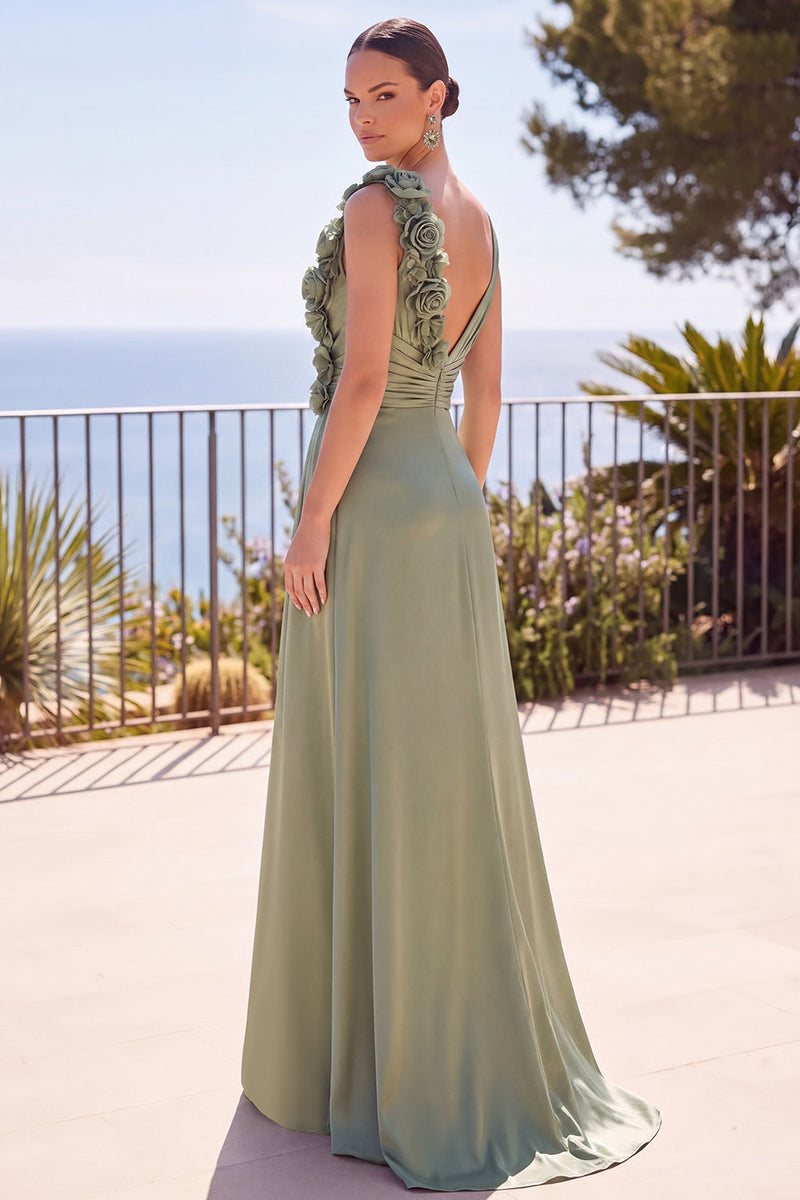 Load image into Gallery viewer, Sage Green V-Neck Sheath Ruched Long Wedding Guest Dress with 3D Flowers