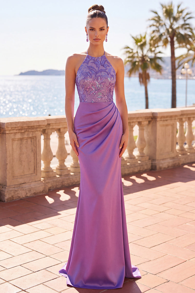 Load image into Gallery viewer, Purple Mermaid Sparkly Sequin Ruched Halter Long Floral Wedding Guest Dress