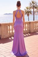 Load image into Gallery viewer, Purple Mermaid Sparkly Sequin Ruched Halter Long Floral Wedding Guest Dress