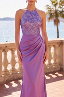 Load image into Gallery viewer, Purple Mermaid Sparkly Sequin Ruched Halter Long Floral Wedding Guest Dress