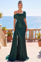 Load image into Gallery viewer, Sparkly Mermaid Dark Green Long Sequins Wedding Guest Dress with Sash