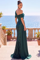 Load image into Gallery viewer, Sparkly Mermaid Dark Green Long Sequins Wedding Guest Dress with Sash