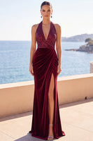Load image into Gallery viewer, Burgundy Mermaid Velvet Sequins Halter Ruched Long Wedding Guest Dress with Slit
