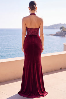 Burgundy Mermaid Velvet Sequins Halter Ruched Long Wedding Guest Dress with Slit