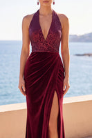 Load image into Gallery viewer, Burgundy Mermaid Velvet Sequins Halter Ruched Long Wedding Guest Dress with Slit