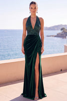 Load image into Gallery viewer, Burgundy Mermaid Velvet Sequins Halter Ruched Long Wedding Guest Dress with Slit
