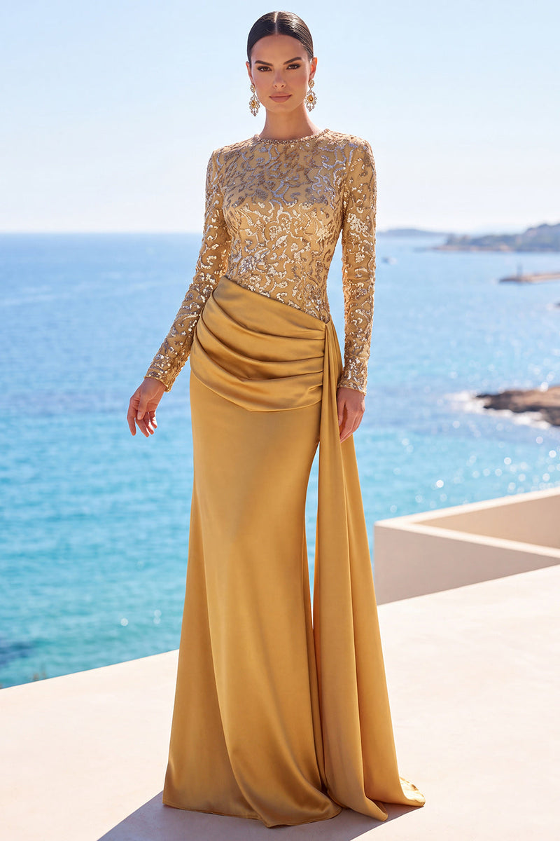 Load image into Gallery viewer, Sparkly Golden Mermaid Draped Sequin Long Sleeves Wedding Guest  Dress with Sash