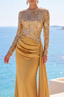 Load image into Gallery viewer, Sparkly Golden Mermaid Draped Sequin Long Sleeves Wedding Guest  Dress with Sash