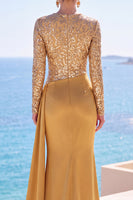 Load image into Gallery viewer, Sparkly Golden Mermaid Draped Sequin Long Sleeves Wedding Guest  Dress with Sash