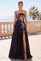Load image into Gallery viewer, Floral Corset Black A-Line Satin Strapless Long Wedding Guest Dress with Slit