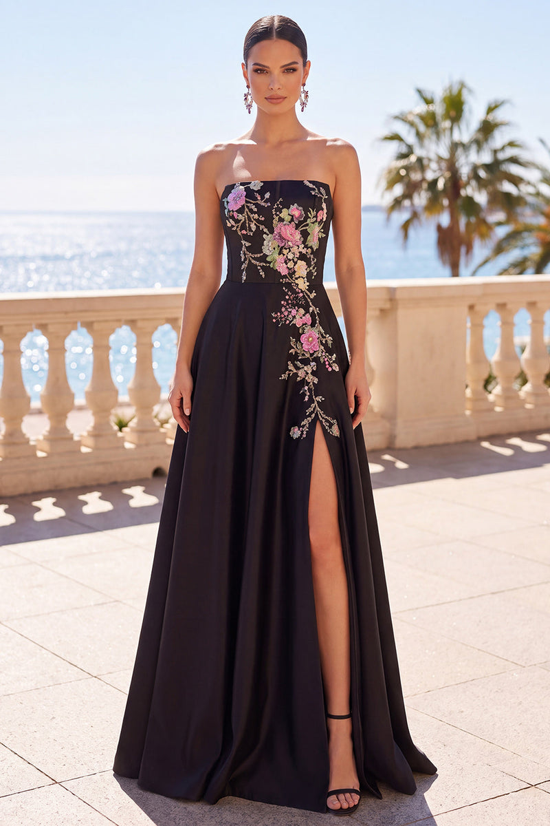 Load image into Gallery viewer, Floral Corset Black A-Line Satin Strapless Long Wedding Guest Dress with Slit