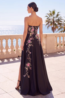 Floral Corset Black A-Line Satin Strapless Long Wedding Guest Dress with Slit