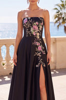 Load image into Gallery viewer, Floral Corset Black A-Line Satin Strapless Long Wedding Guest Dress with Slit