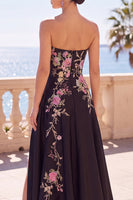 Load image into Gallery viewer, Floral Corset Black A-Line Satin Strapless Long Wedding Guest Dress with Slit