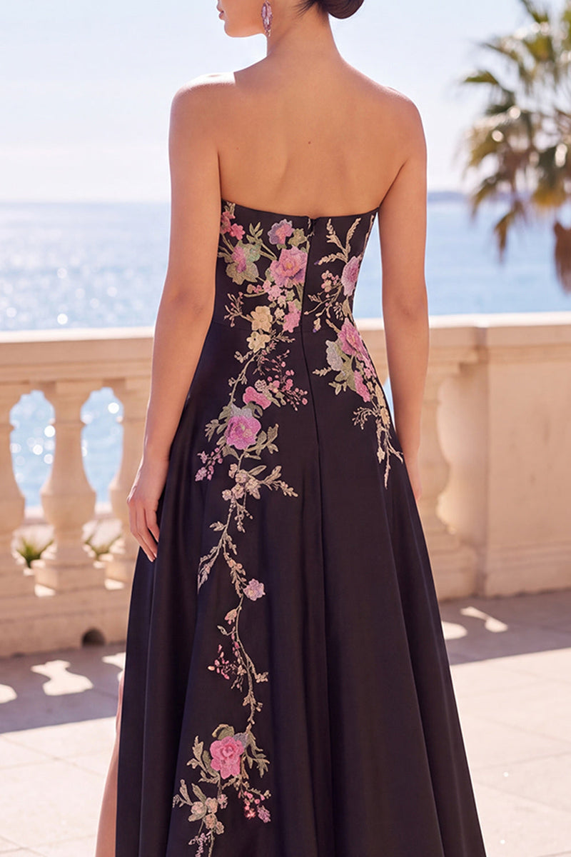 Load image into Gallery viewer, Floral Corset Black A-Line Satin Strapless Long Wedding Guest Dress with Slit