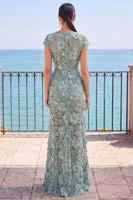 Load image into Gallery viewer, Floral Beaded Grey Green Sheath Round Neck Long Wedding Guest Dress with Slit