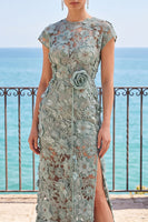 Load image into Gallery viewer, Floral Beaded Grey Green Sheath Round Neck Long Wedding Guest Dress with Slit