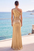 Load image into Gallery viewer, Golden Ruched One Shoulder Sheath Metallic Long Wedding Guest Dress