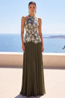 Load image into Gallery viewer, Olive A-Line Halter Floral Pleated Long Wedding Guest Dress