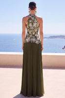 Load image into Gallery viewer, Olive A-Line Halter Floral Pleated Long Wedding Guest Dress