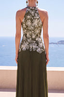 Load image into Gallery viewer, Olive A-Line Halter Floral Pleated Long Wedding Guest Dress