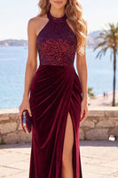 Load image into Gallery viewer, Sparkly Burgundy Halter Velvet Sequins Long Wedding Guest Dress with Slit