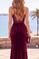 Load image into Gallery viewer, Sparkly Burgundy Halter Velvet Sequins Long Wedding Guest Dress with Slit