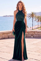 Load image into Gallery viewer, Sparkly Burgundy Halter Velvet Sequins Long Wedding Guest Dress with Slit