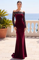 Load image into Gallery viewer, Burgundy Velvet Mermaid Long Sleeves Wedding Guest Dress with Lace