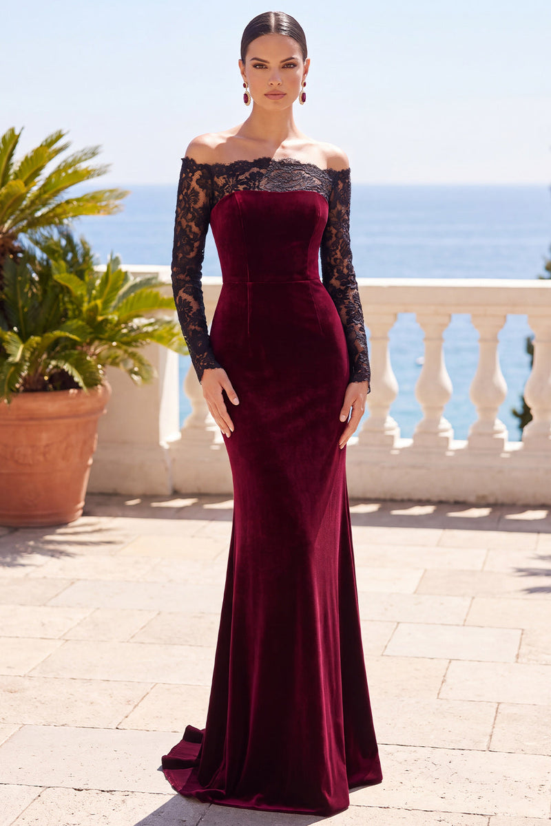 Load image into Gallery viewer, Burgundy Velvet Mermaid Long Sleeves Wedding Guest Dress with Lace