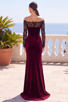Burgundy Velvet Mermaid Long Sleeves Wedding Guest Dress with Lace
