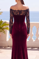 Load image into Gallery viewer, Burgundy Velvet Mermaid Long Sleeves Wedding Guest Dress with Lace