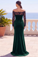 Load image into Gallery viewer, Burgundy Velvet Mermaid Long Sleeves Wedding Guest Dress with Lace