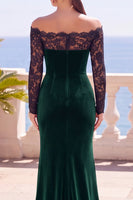 Load image into Gallery viewer, Burgundy Velvet Mermaid Long Sleeves Wedding Guest Dress with Lace