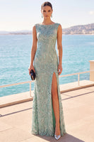 Load image into Gallery viewer, Sparkly Grey Green Mermaid Boat Neck Beaded Long Wedding Guest Dress with Slit