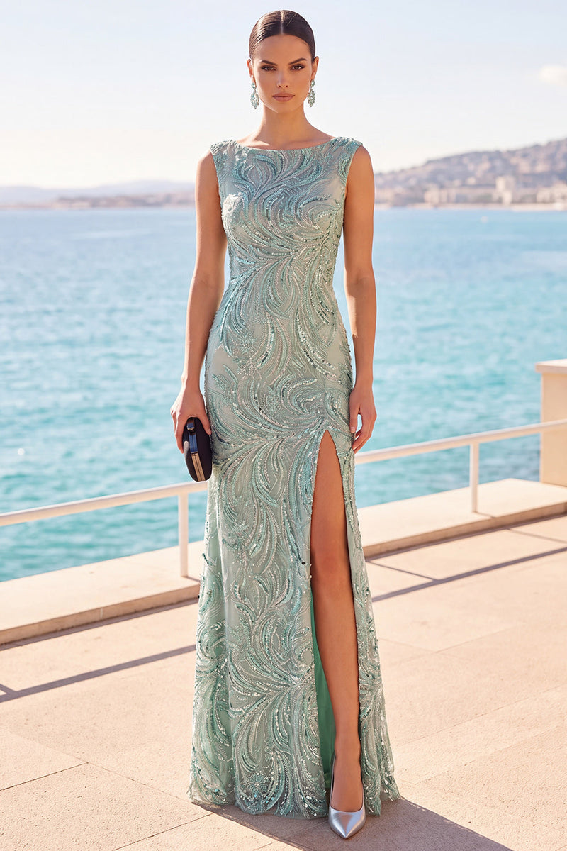 Load image into Gallery viewer, Sparkly Grey Green Mermaid Boat Neck Beaded Long Wedding Guest Dress with Slit