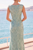 Load image into Gallery viewer, Sparkly Grey Green Mermaid Boat Neck Beaded Long Wedding Guest Dress with Slit