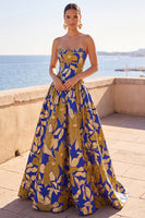 Load image into Gallery viewer, Blue Yellow Flower Sweetheart A-Line Long Wedding Guest Dress